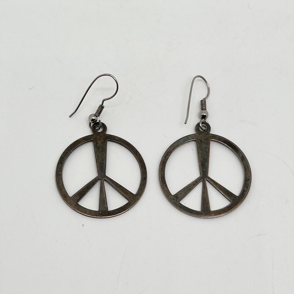 Vintage 1990s Peace Sign Metal Hanging Earrings for Pierced Ears